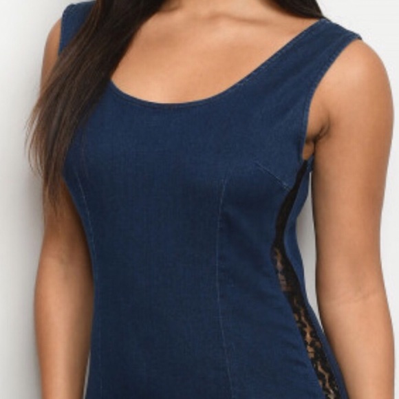 🦋🆕Sleeveless Lace Trim Denim Dress - Picture 4 of 5